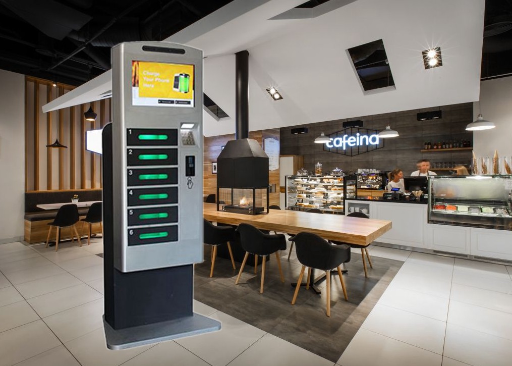 Restaurant Mall Cell Phone Charging Station With Advertising Touch Screen