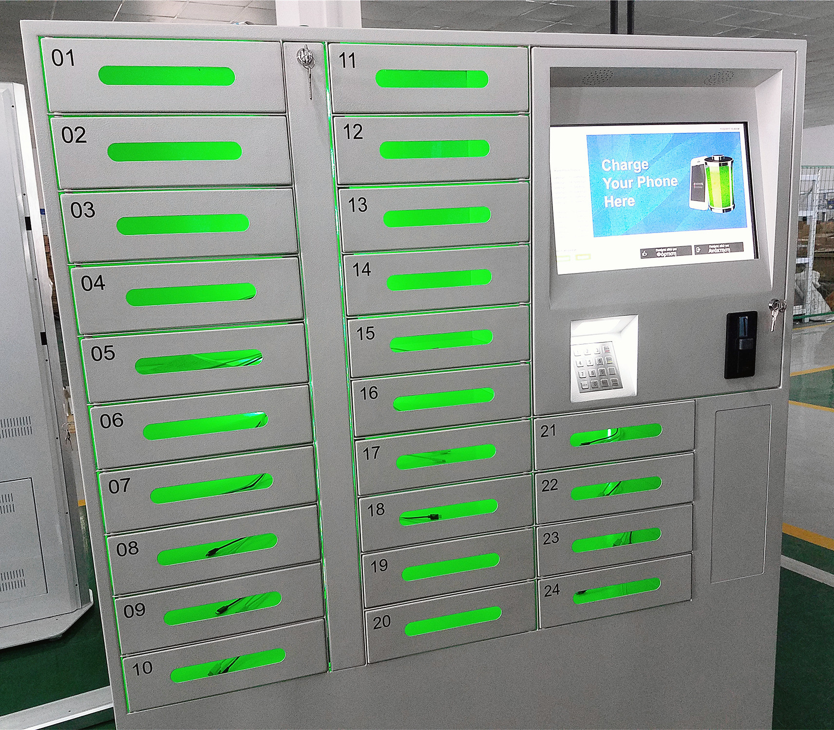 Floor Standing Cell Phone Charging Stations With 19 Inch LCD For All Phones